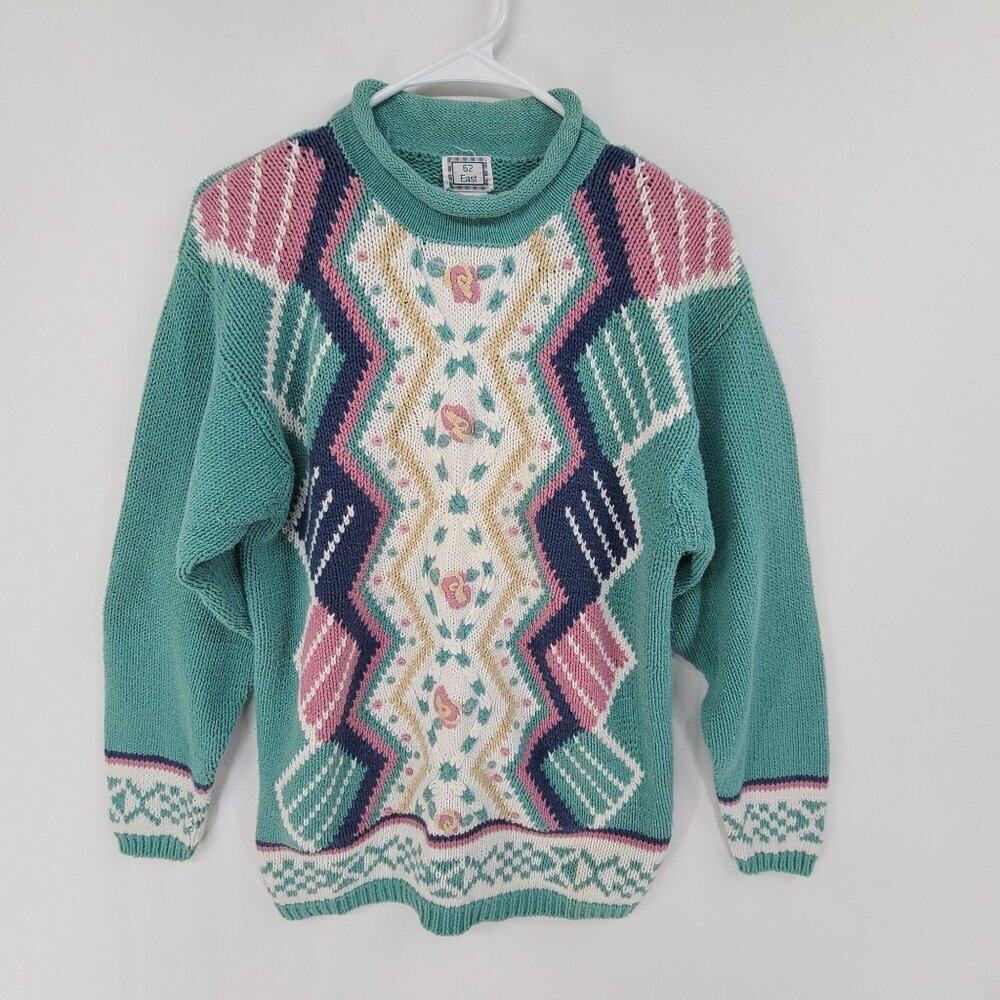62 East Women's Long Sleeve Knit Pullover Sweater Teal Size S Grannycore floral